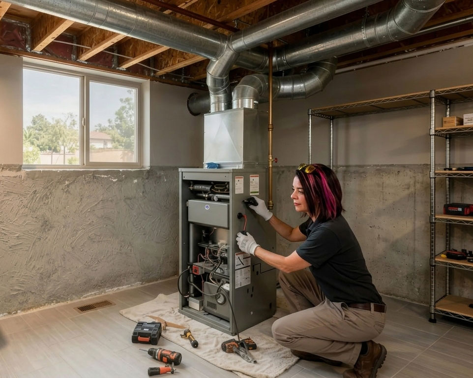 Plumb"her" Char Repairing a Furnace